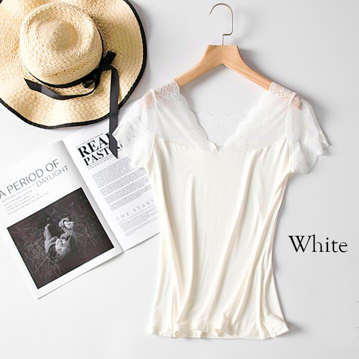 レディースインナー 半袖 レース 袖付き 肌着 見せインナー 花柄 ドレスインナー ワンピースインナー シンプル 透け防止 | You Color | 07