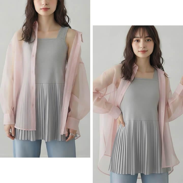 タンクトップ ロング キャミソール レディース インナー トップス ロング丈 チュニック レイヤード 重ね着 プリーツ 切替 体型カバー ロングタンクトップ mx071 | You Color | 13