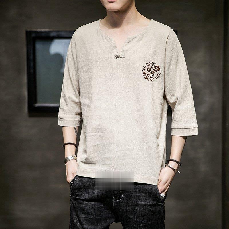 独特な店 Tシャツ カットソー Tシャツ 刺繍 Vネック 中袖 メンズ 無地 トップス 綿麻 ティーシ Tシャツ 刺繍 Vネック 中袖 メンズ 無地 トップス 綿麻 ティーシャツ カジュアル ゆったり おしゃれ ファッション 夏 代引不可 Www Threeriversofs Com