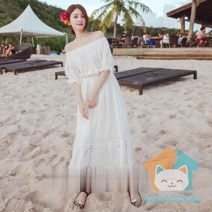 レディース ワンピース オフショルダー ロング マキシ丈 半袖 レース 花 ふんわり 海 夏 ハワイ 沖縄 リゾート 可愛い ホワイト 白い フレア 着痩せ 春 無地 16 新作