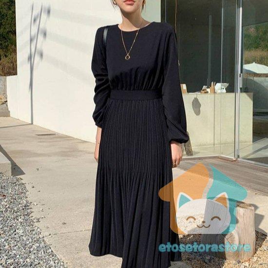 色 プリーツ ワンピース ロング丈 長袖 無地 ベージュ ブラック フェミニン デート レディース ファッション 韓国 オルチャン 60 Off
