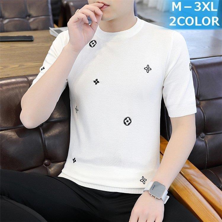 サマーニット 白tシャツ メンズ 半袖 ニットtシャツ 紳士 夏 春 細身 カットソー スリム