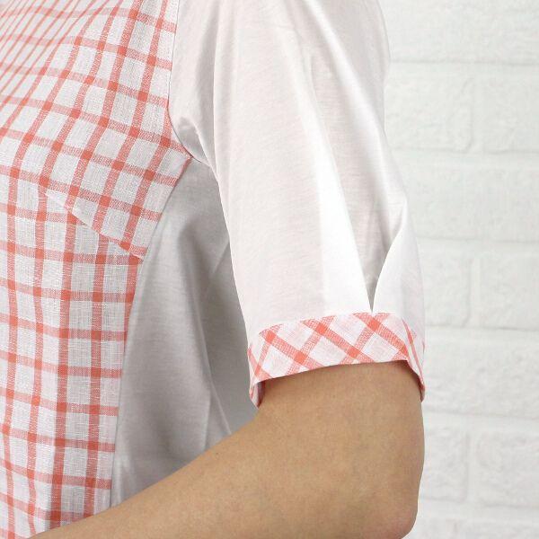 華麗 Pupula ププラ Elegant Yfashion チェック柄ブラウス 半袖 リネン異素材切替 コットン 五分 七分袖 カラー ブルー 70 Psicanalise Sp Com Br