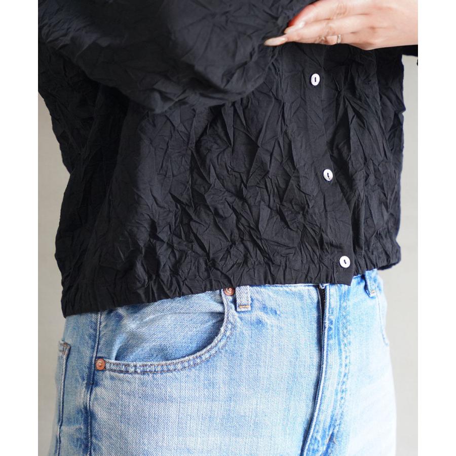 ププラ プレーン ウーブニッシュ バックギャザー ラウンドシャツ