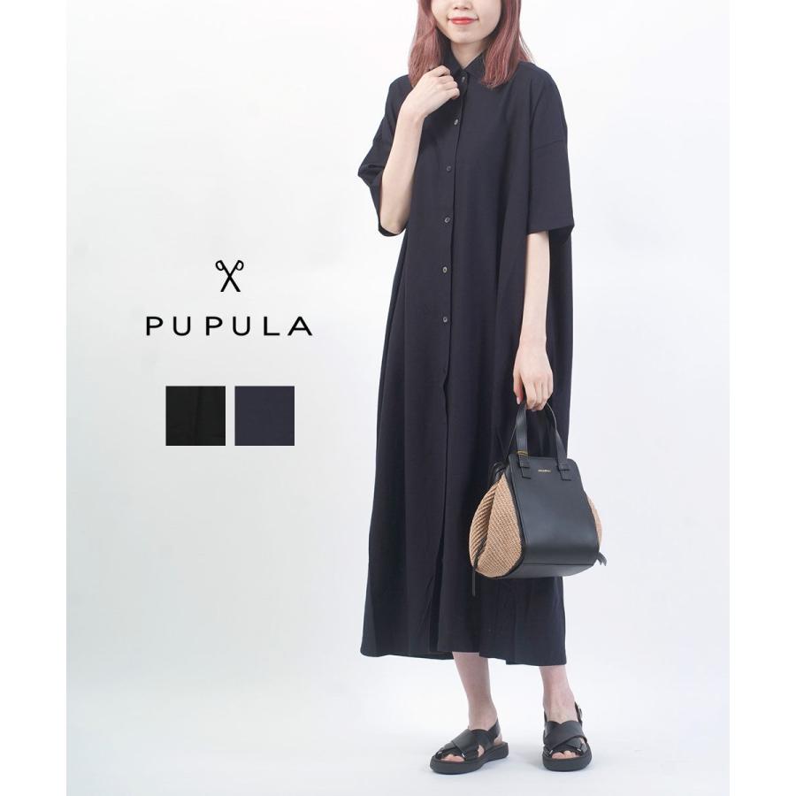 『モユル』カットソー ワンピース【F】ブラック系 柄入り コットン 半袖 大きい PUPULA（ププラ） コットンレーヨンツイル 半袖 シャツワンピース