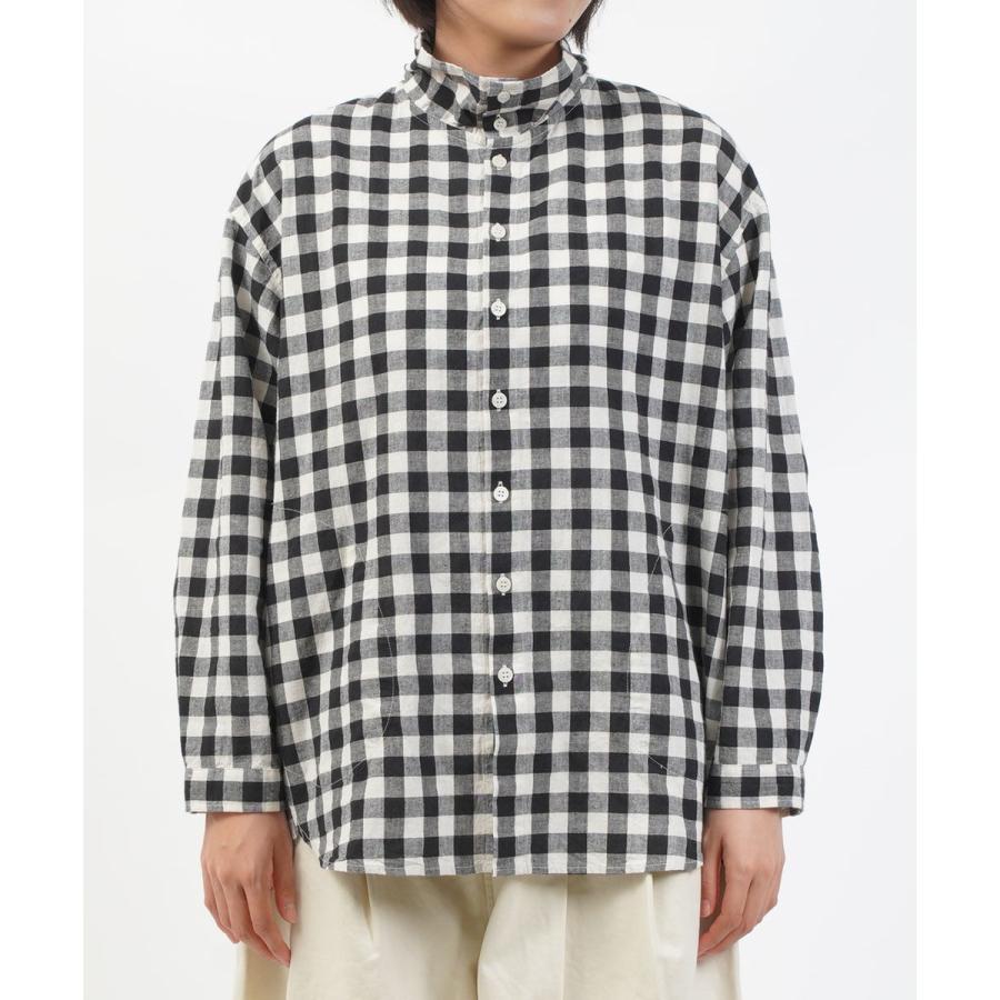未使用　grin モノトーンチェック　ウールオーバーワイドシャツ　バンドカラー grin（グリン） モノトーンチェックハイカラーシャツ レディース 国内