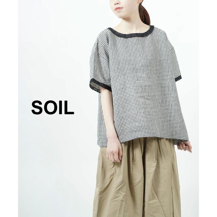 美品 SOIL ソイル ギンガムチェック リネン フレア 半袖 シャツ ブラウス カットソー 1 ネイビー ホワイト レディース 古着 中古 USED SOIL - 美品 SOIL ソイル ギンガムチェック リネン フレア 半袖 シャツ