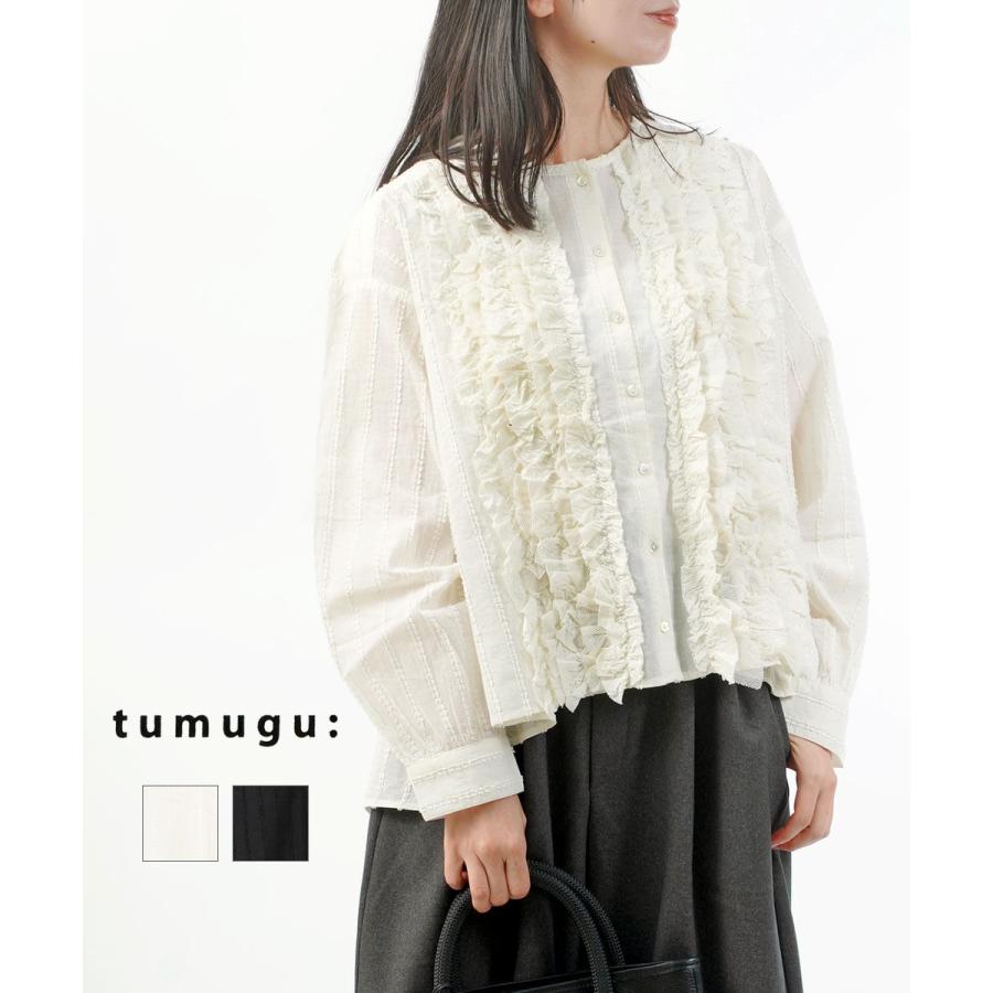 2025aw 定価21780円tumugu ツムグ　フリンジドビーブラウス ツムグ ストライプフリンジドビーブラウス tumugu レディース 国内正規