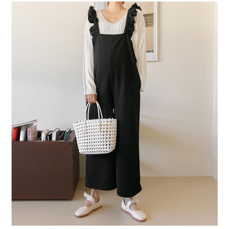 マタニティ 服 サロペットパンツ リンクルフリー ワイド ズボン フリル 安い オールインワン 春夏 おしゃれ 妊婦服 黒 お歳暮 Sbp