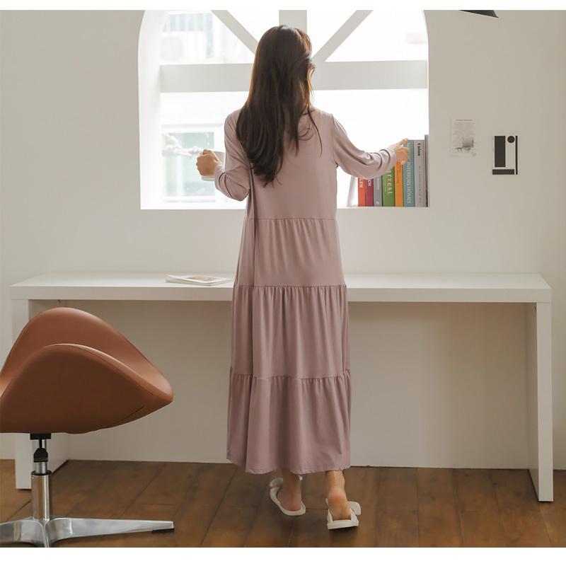 Ette 授乳服 マタニティ ワンピース 秋 冬 長袖 ティアード マキシ 高身長 ルームウェア ピンク 授乳 妊婦服 Sdn