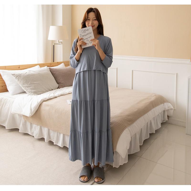 Ette 授乳服 マタニティ ワンピース 秋 冬 長袖 ティアード マキシ 高身長 ルームウェア ピンク 授乳 妊婦服 Sdn