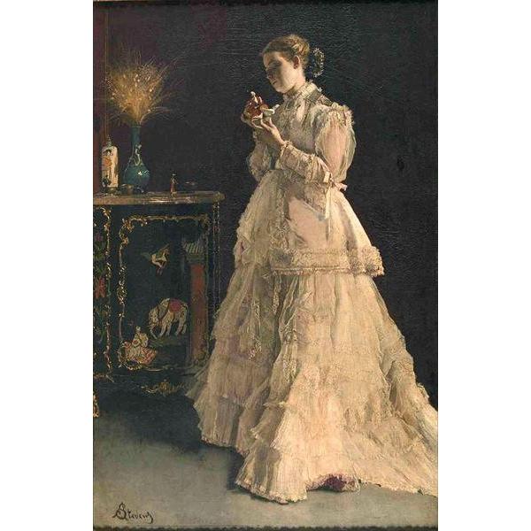 油絵 Alfred Stevens - 日本人形と婦人 ma1787 ジャポニズムと