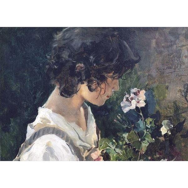 油絵 Joaquin Sorolla_ 花とイタリア少女 ma2187