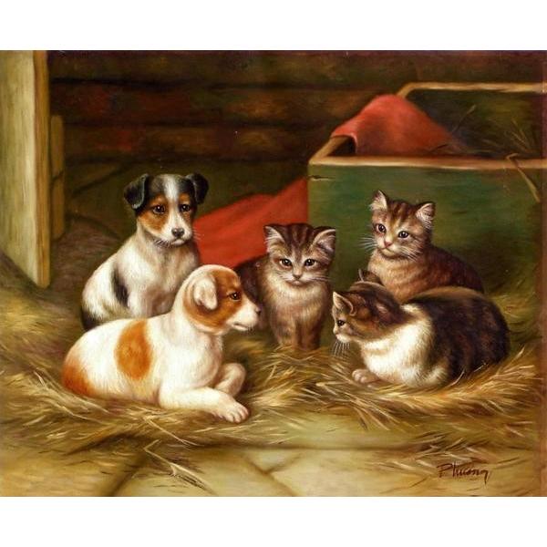 特価油絵 エドガー・ハントの名作_子犬と子猫 NH284