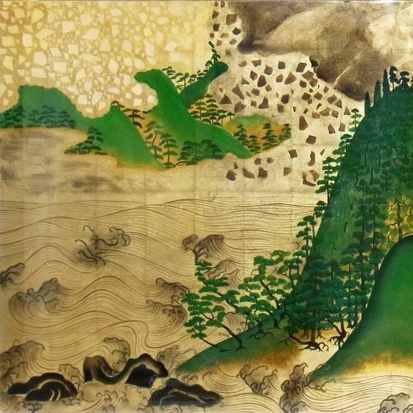 漆絵 日月(じつげつ)山水図・右隻 NH120Rの画像
