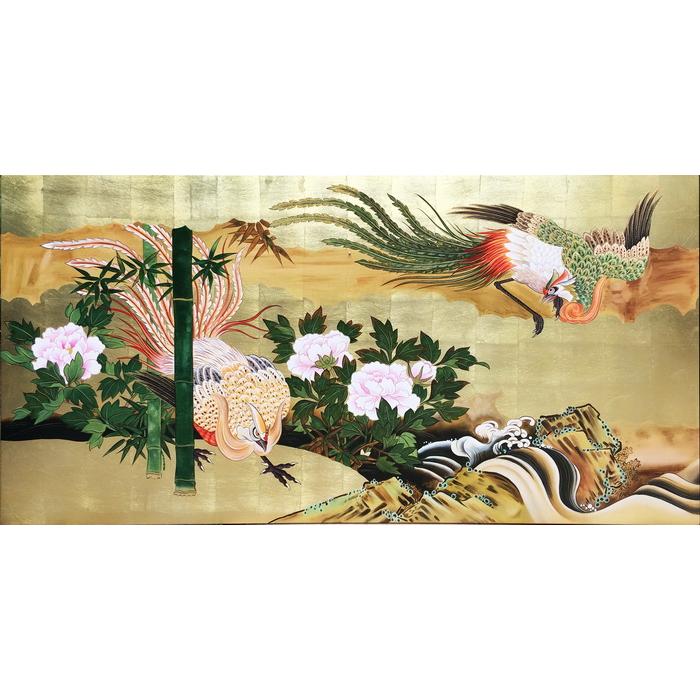 漆絵 狩野派_鳳凰図 左隻 NH279 : 絵画制作専門ユーラシアアート 漆絵 狩野派_鳳凰図 左隻 NH279 : 絵画制作専門ユーラシアアート