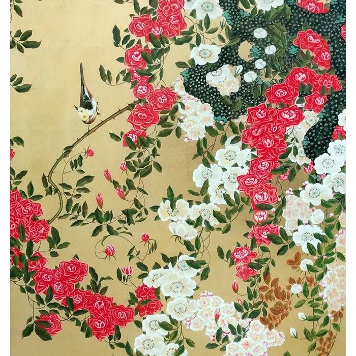 伊藤若冲『動植綵絵』「薔薇小禽図」 日本画 額装品 金地 紅白南天