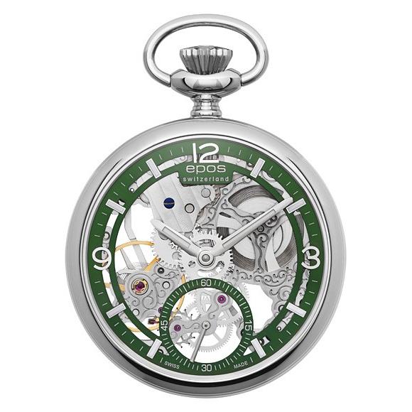 エポス - スモール 今めかしい スケルトン ポケットウォッチ 2003AGR 袖時計 手一巻き メンズ epos Small Modern Skeleton Pocket Watch 緑であること系 機械類式
