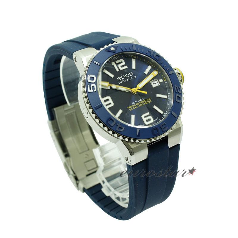 エポス スポーティブ ダイバー 3441ABLR 腕時計 メンズ 自動巻 epos SPORTIVE DIVER ブルー系 機械式 ラバーベルト 防水 シルバー 日付表示の画像