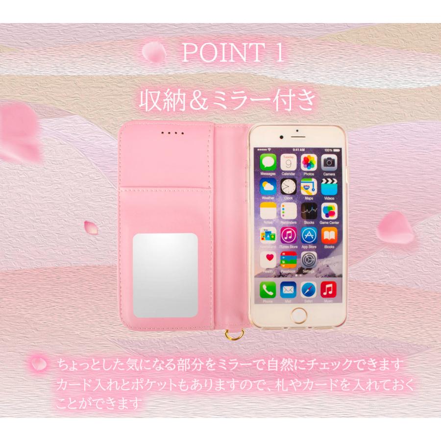 iphone15 ケース 手帳型 かわいい アイフォン15 iphone se ケース iphone14 iphone13 iphone12 12mini ミラー付き 鏡 カバー レザー 革 ピンク 桃 送料無料｜eurokohaku｜02