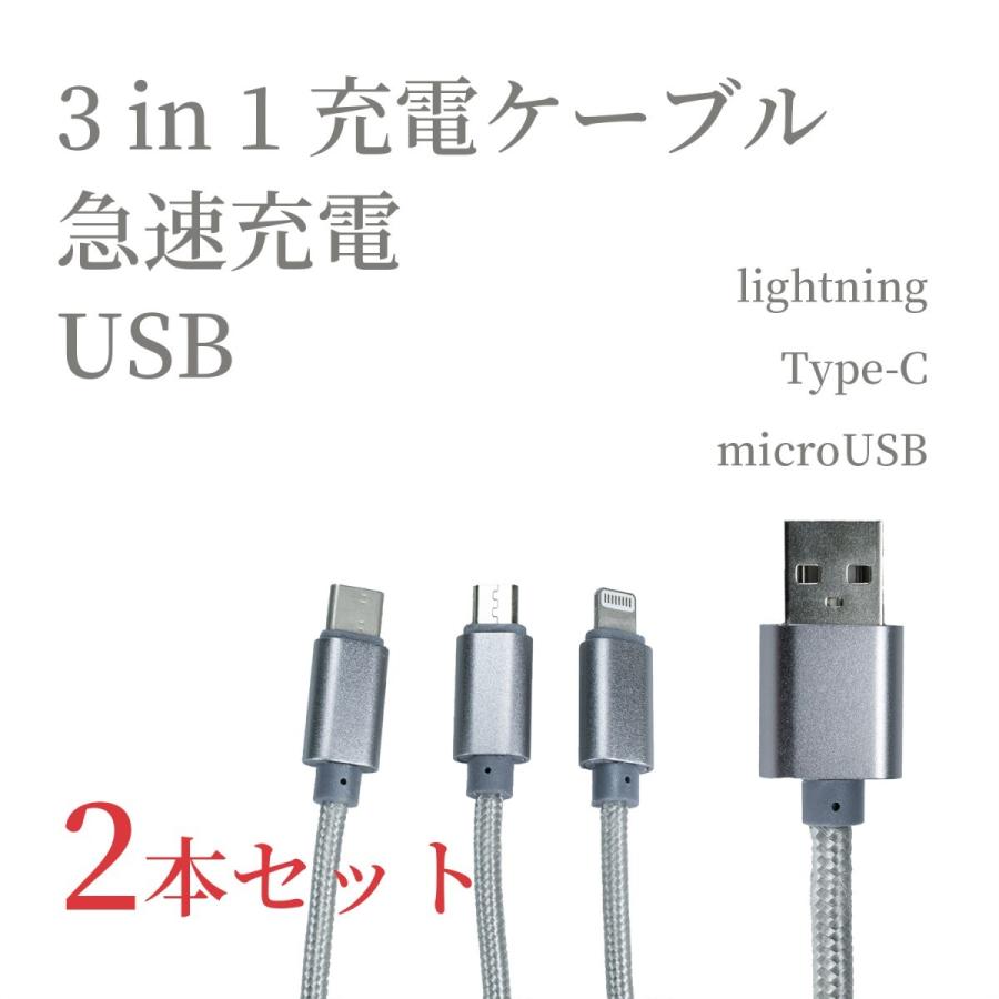 USBケーブル 3in1 充電ケーブル Type-C lightning micro USB 2本セット Android iPhone スマホ 携帯急速充電 グレー 充電コード 同時給電 タイプc マイクロusb｜eurokohaku