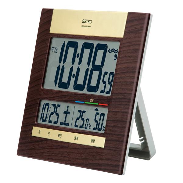 セイコークロック 掛け時計 茶木目 18×26×2.0cm 置き掛け時計 置き掛け兼用 電波 デジタル カレンダー SQ440B｜evalue｜02