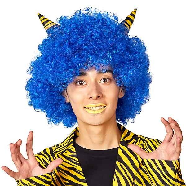 青鬼風 kigurumi 全頭マスク 角付き ホワイトヘア 現品 青鬼ビックカツラ 角付き / 節分 コスプレ かぶりもの カツラ 青 鬼