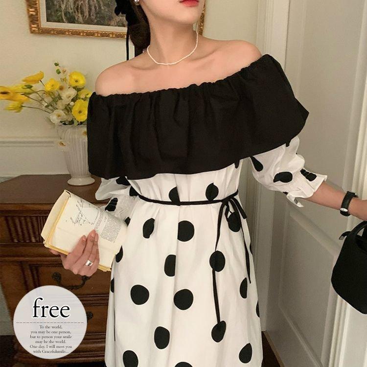 リゾートワンピース ワンピース 春 きれいめ ミモレ丈 ロング レディース 大きいサイズ ドット柄 オフショルダー エレガント キュート ブラック ホワイト ベーシ