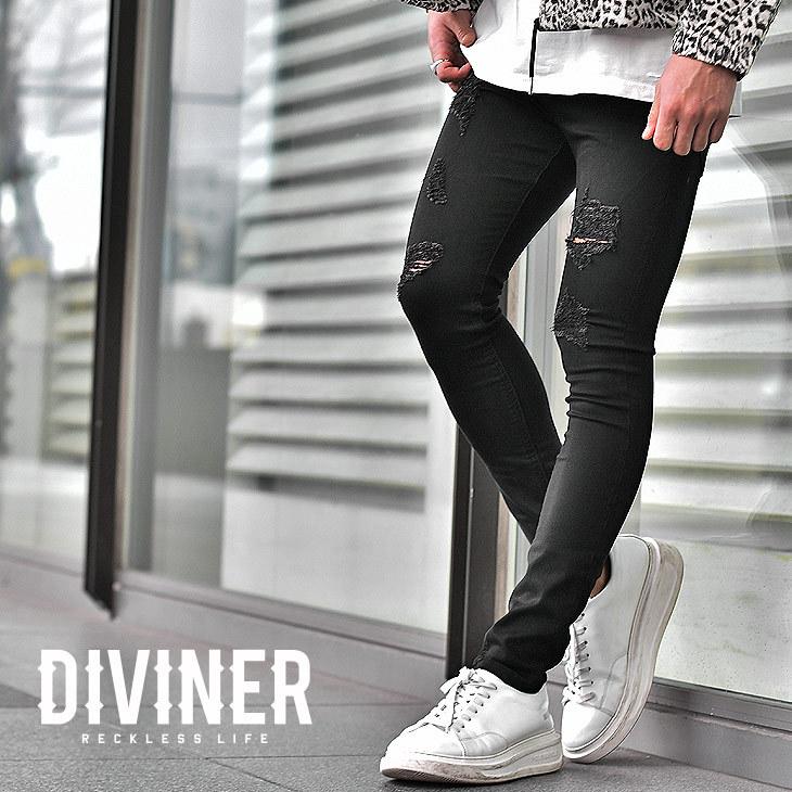 スキニーメンズ ブラック 黒 スキニーパンツ ストレッチ ダメージ ボトムス 細めタイト ブラックデニム Diviner ディバイナー Joker By Evergreen 通販 Paypayモール
