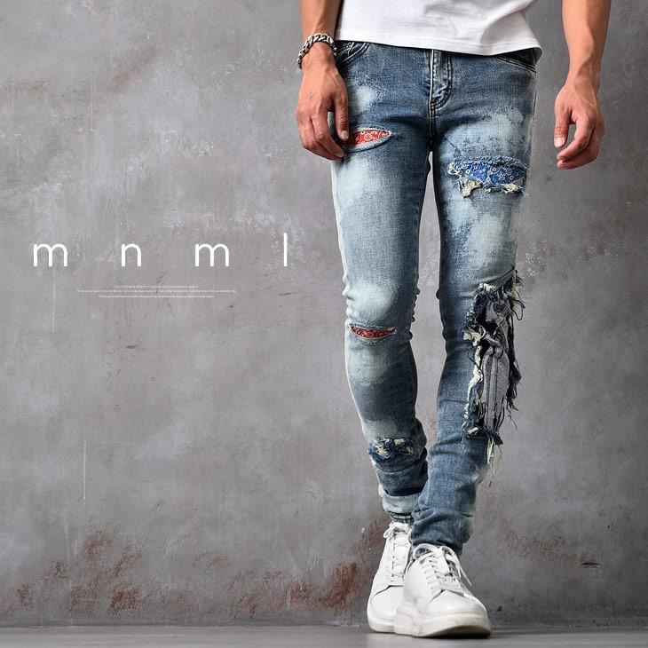 Mnml ミニマル スキニーデニム メンズ スキニー ダメージ クラッシュ タイトスキニー ストレッチ デニムパンツ ブランド ストレート バンダナ ジーパン Joker By Evergreen 通販 Paypayモール
