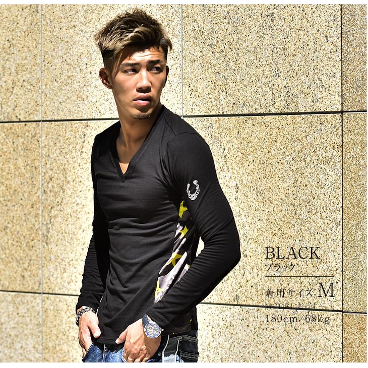 Tシャツ メンズ 長袖 長袖tシャツ ロンt 迷彩 柄 カモ 星 スター Vネック ラインストーン ホースシュー 馬蹄 黒 ブラック 白 ホワイト 春 春物 春服 Joker By Evergreen 通販 Paypayモール