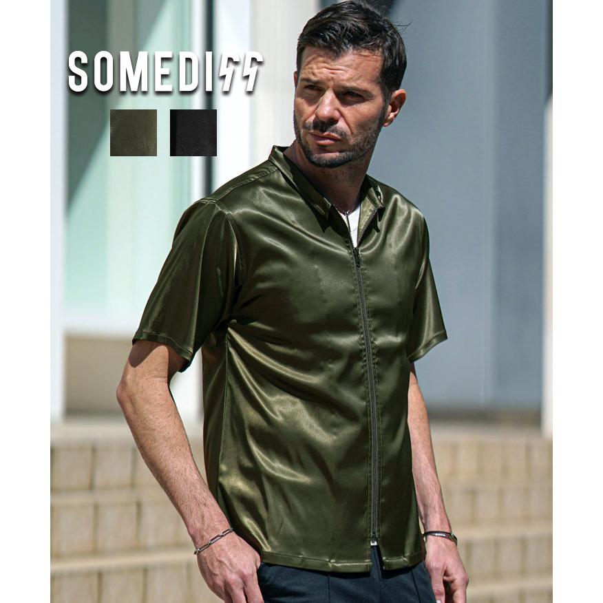 SOMEDIFF 半袖シャツ メンズ 襟付き シャツ ジップアップ