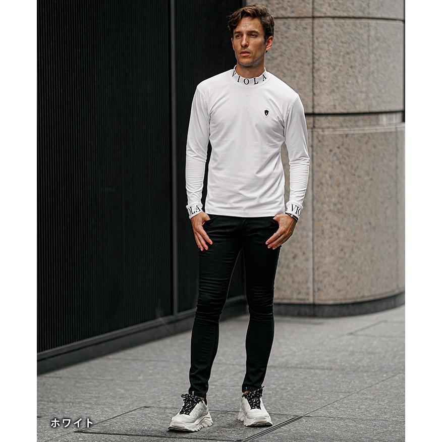 【ブラック】アップサイドダウンロゴボーダー 長袖 モックネック プルオーバー (MENS) ホワイト】アップサイドダウンロゴボーダー 長袖 モックネック プル