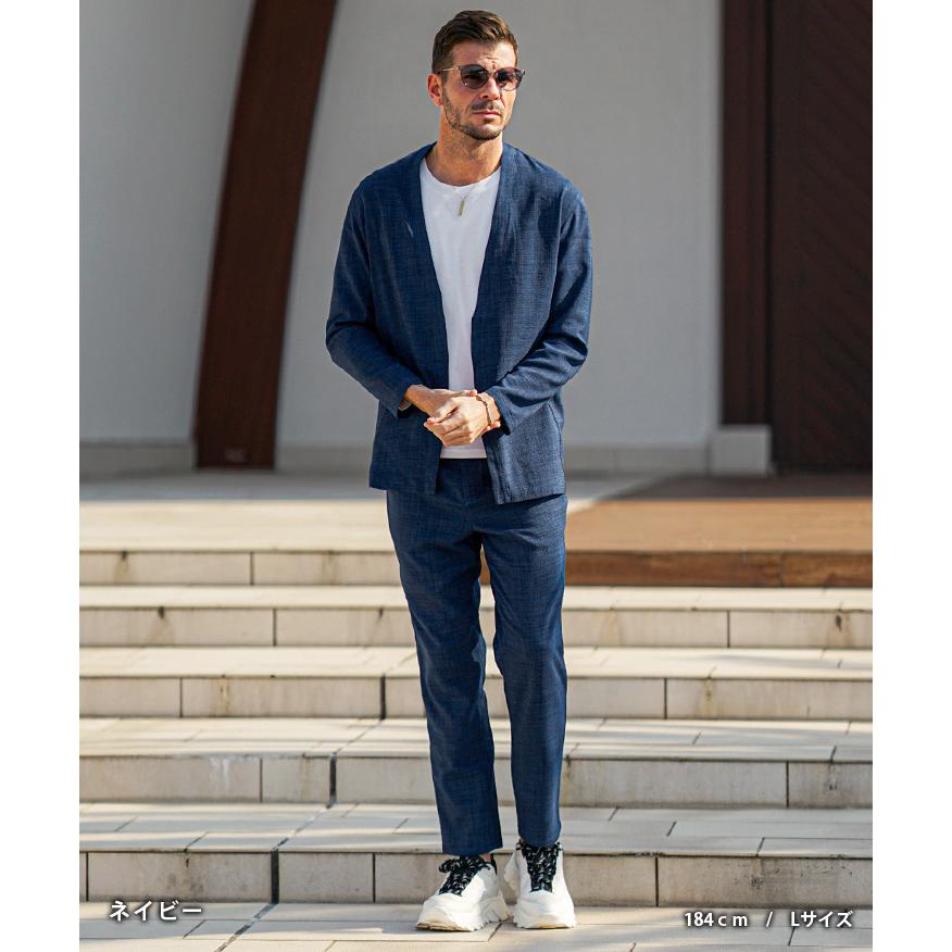 リネンライク セットアップ メンズ ノーカラージャケット 上下セット 大きいサイズ メンズ カーディガン メンズ テーパードパンツ スラックス きれいめ 学校行事 | joker | 10