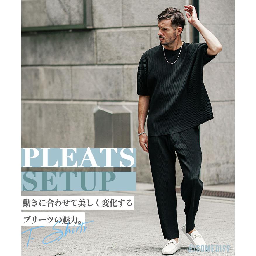 上下セット メンズ 半袖Tシャツ テーパードパンツ セットアップ メンズ 半袖 Tシャツ オーバーサイズ 新作 夏 オラオラ系 お兄系 ちょい悪 リゾート メンズファッション サムディフ SOMEDIFF（サムディフ） プリーツ セットアップ メンズ Tシャツ メンズ