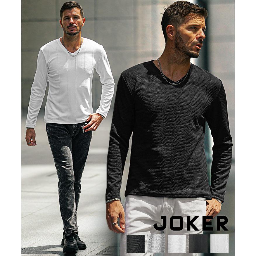 joker（ジョーカー） Vネック Tシャツ メンズ スリム 長袖Tシャツ 総柄