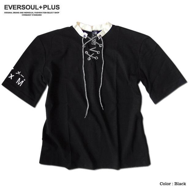 ISMxM Tシャツ カットソー 原宿系 モード系 レースアップ メンズ ワイドシルエット オーバーサイズ パンク ゆったり ドロップショルダー 春 夏 | 