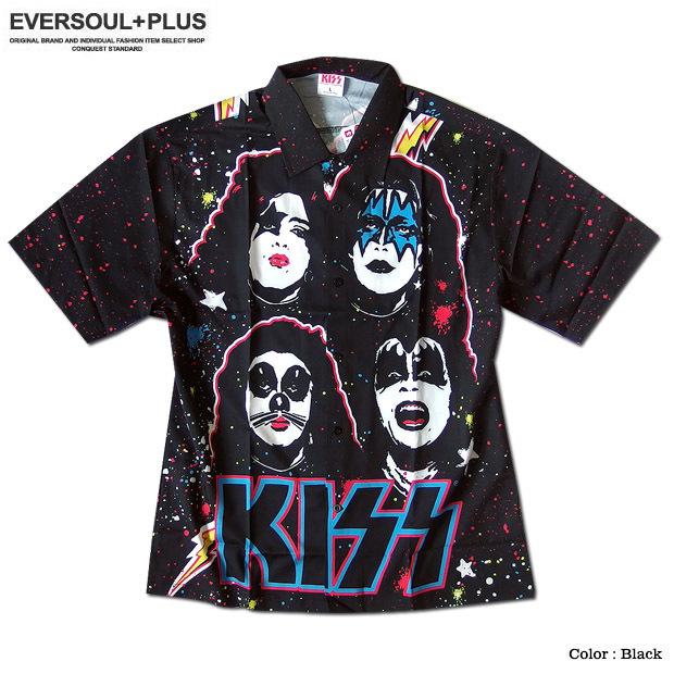 KISS キッス シャツ 半袖シャツ グッズ メンズ ブラック 総柄 プリント