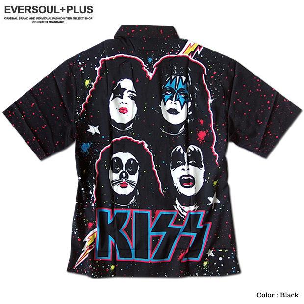 KISS キッス シャツ 半袖シャツ グッズ メンズ ブラック 総柄 プリント