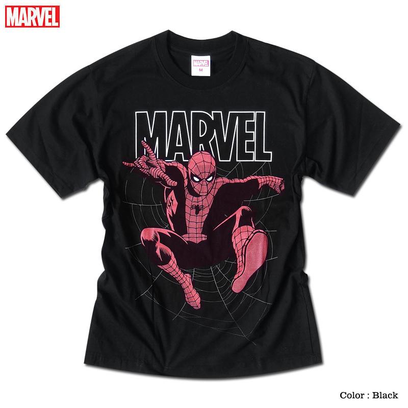 MARVEL スパイダーマン マーベル Tシャツ メンズ 半袖 アメコミ アベンジャーズ キャラクター グッズ ストリート ダンス ロゴ プリント ブラック｜eversoul