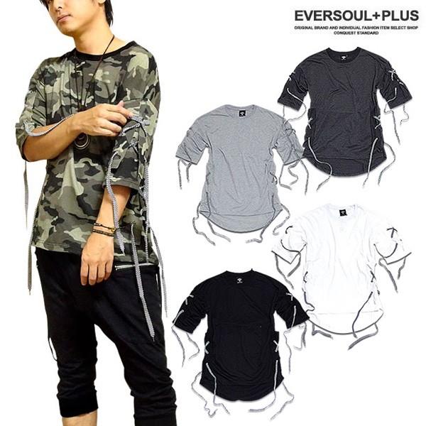 Ｔシャツ メンズ ５分袖 五分袖 カモフラ 迷彩 レースアップ ビジュアル系 韓国 ファッション ロングシルエット モード パンク 個性的 春 夏 | ブランド登録なし