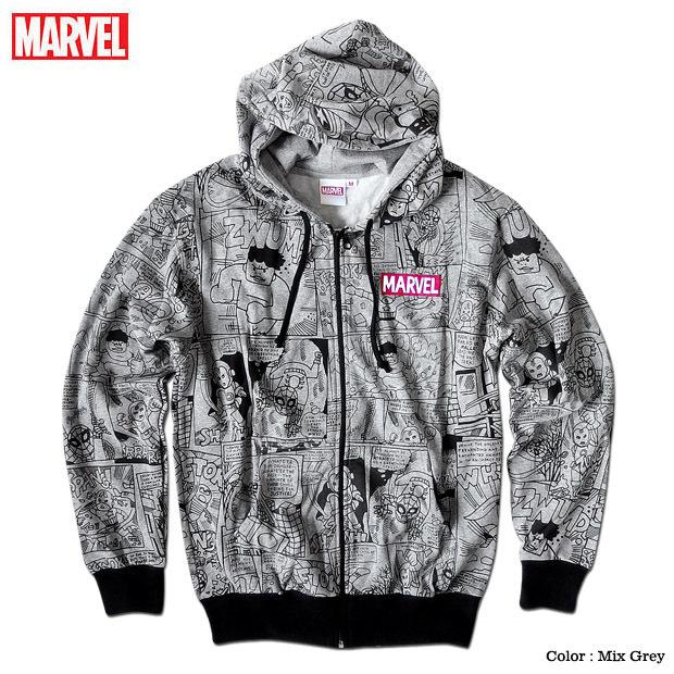 MARVEL（マーベル） ジップパーカー メンズ 裏起毛 パーカー 厚手 総柄