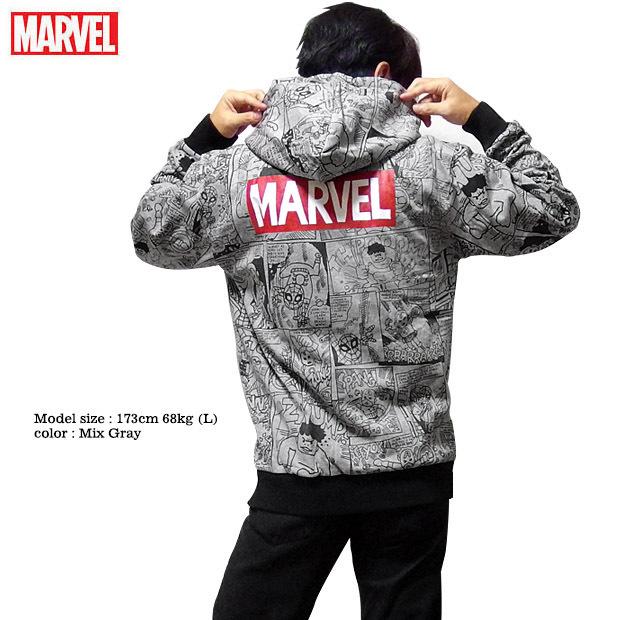 MARVEL（マーベル） ジップパーカー メンズ 裏起毛 パーカー 厚手 総柄