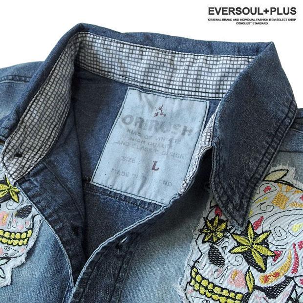 デニムシャツ メンズ 長袖 シャツ デニム スカル ワッペン 刺繍 デニムシャツ メンズ 長袖 シャツ デニム スカル ワッペン 刺繍