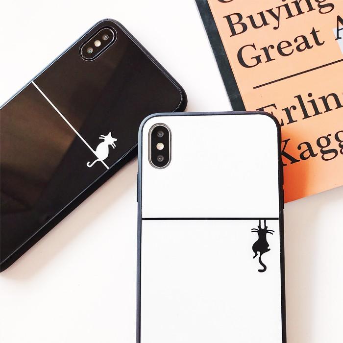 iPhoneSE2 多機種対応 猫 ストラップ付 iPhoneケース 背面ガラス