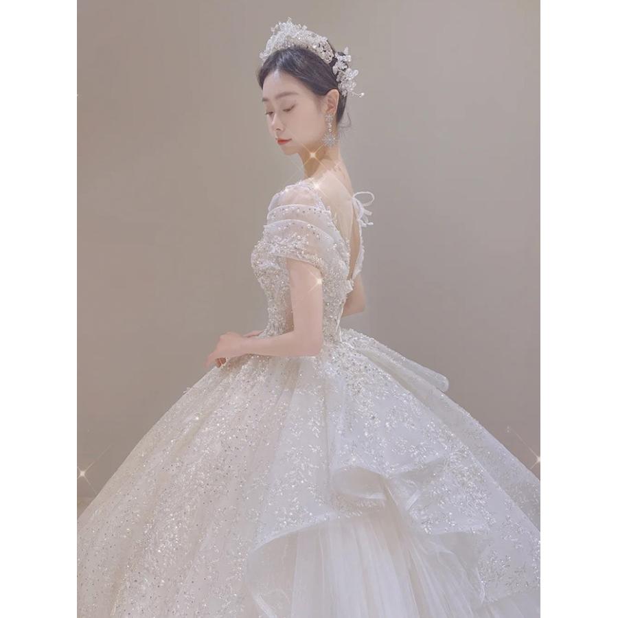 ウェディングドレス 豪華 スパンコール ビジュー 花嫁ドレス ロングトレーン オフショルダー Aライン 結婚式 披露宴 二次会 フォトウェディング 前撮り 後撮り_3