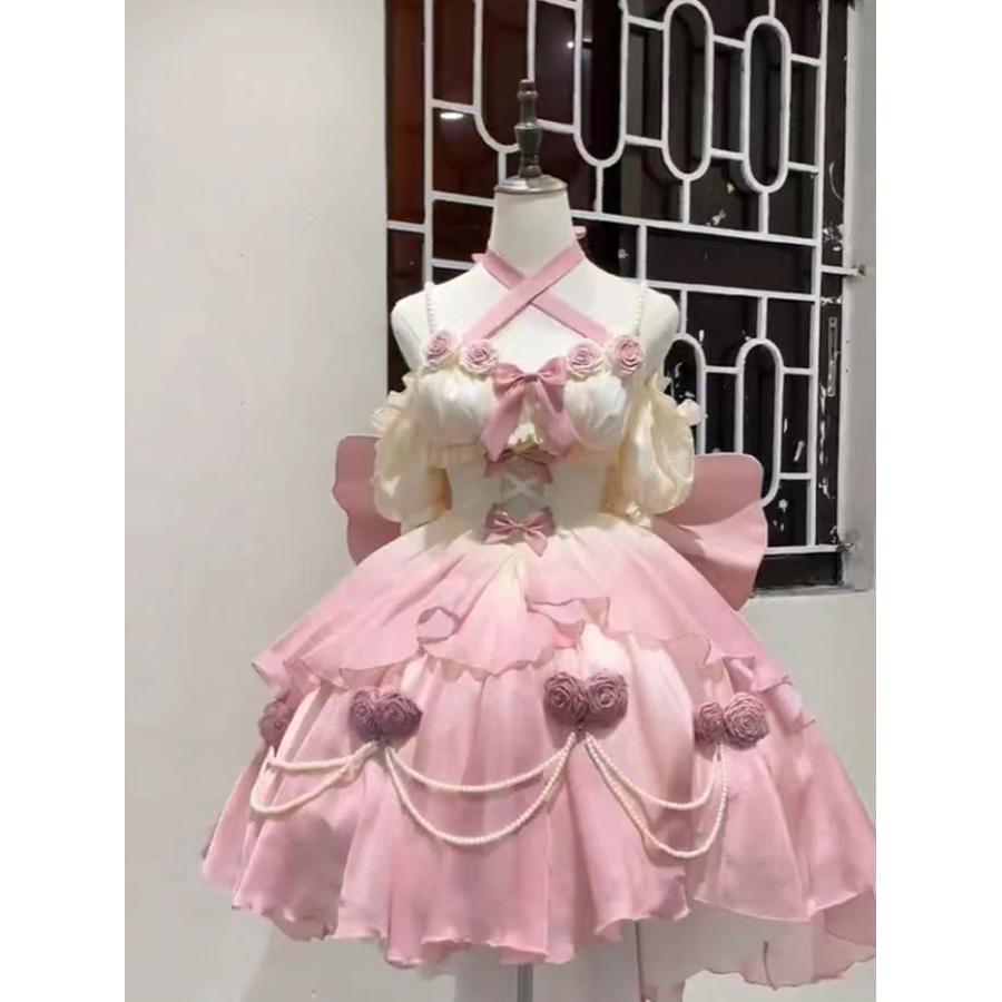 リボン付きドレス ゴスロリ・ロリータドレス お嬢様 ワンピース　JSK　ピンク Cream Sugar ロリータドレス jsk甘ロリ可愛いロリィタリボンピンク