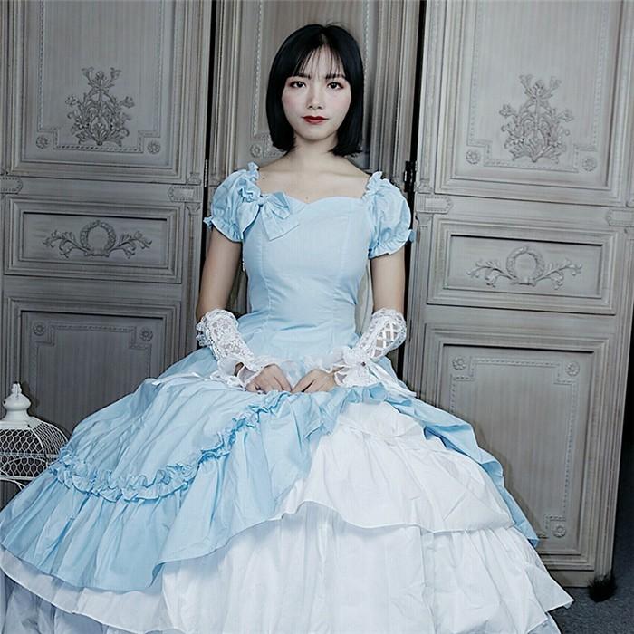 lolita 宮廷 洋装 ビクトリア風 童話 プリンセス ドレス コスプレ ダンス 舞台衣装 綿 半袖 ロングドレス ステージドレス 水色の画像