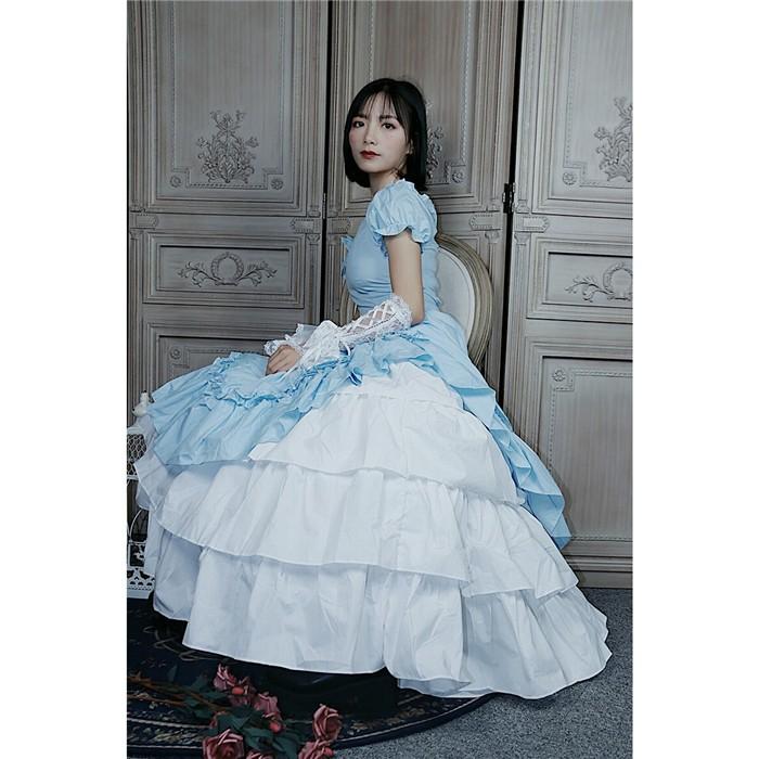 lolita 宮廷 洋装 ビクトリア風 童話 プリンセス ドレス コスプレ ダンス 舞台衣装 綿 半袖 ロングドレス ステージドレス 水色の画像