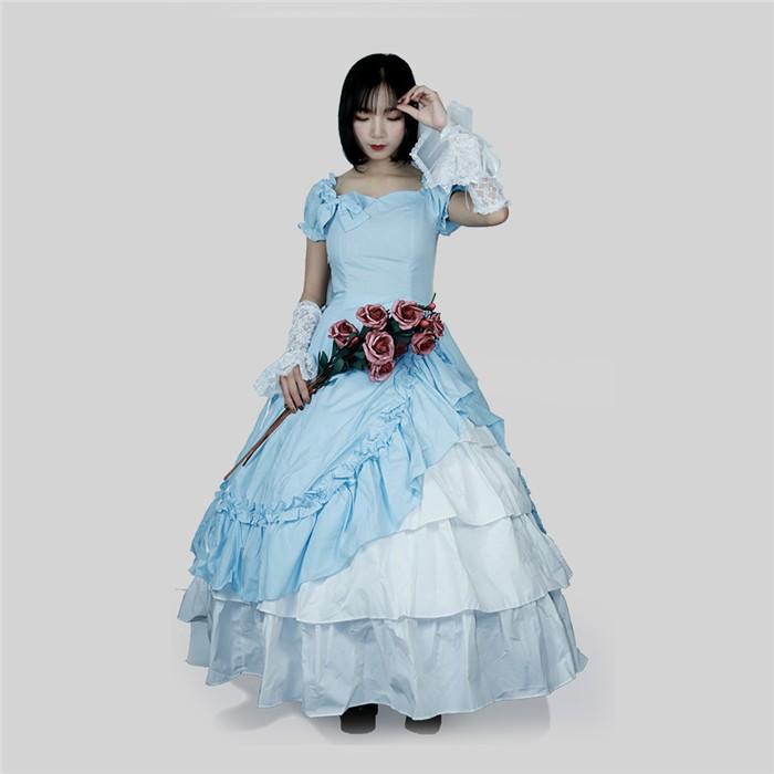 lolita 宮廷 洋装 ビクトリア風 童話 プリンセス ドレス コスプレ ダンス 舞台衣装 綿 半袖 ロングドレス ステージドレス 水色の画像